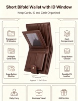 Portefeuille homme en cuir véritable, bifold, avec porte-cartes, fenêtre d'identification, emplacements pour cartes, portefeuille court pour affaires avec bouton pour un usage quotidien