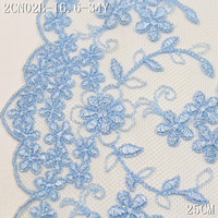 Bordure en dentelle brodée de tulle métallique argenté brillant de luxe, motif floral, 25 cm, vert menthe et bleu, broderie sur filet, écologique, pour femmes