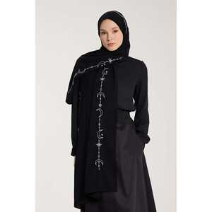 Pañuelos Hijab de Voile con Patrón de Luna Creciente Bordados en Blanco y Negro de Primera Calidad para Invierno, Material de Algodón, Poliéster y Chifón - Product Image 1