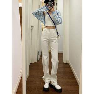 2025 primavera otoño nueva tendencia cintura alta Delgado estilo de cigarrillo suelto transpirable blanco recto pantalones de mezclilla para mujeres talla XL - Product Image 3