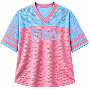 Camiseta Personalizada con Cuello en V de la Hermandad Gamma Phi Delta, Bloques de Color Azul Cielo y Rosa, Manga Corta, Estilo Casual, Top de Malla de Poliéster - Product Image 3
