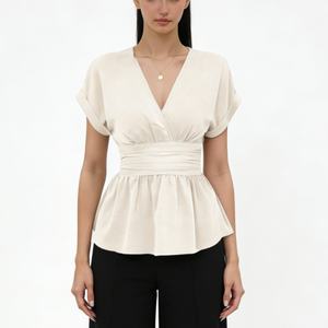 Women's V-Neck Peplum <b>Top</b> Short Sleeve Smocked Waist Casual Blouse Shirt Fashion - Product Image 2