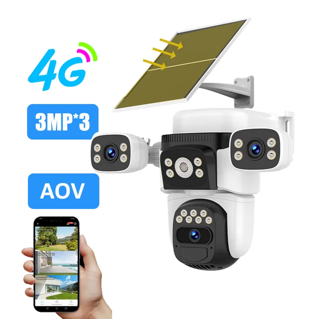 BG621SR 9MP 4G Solar Security Camera Outdoor Three Lens PTZ CCTV Low Power Human Detection Alarm Full Color Night Vision