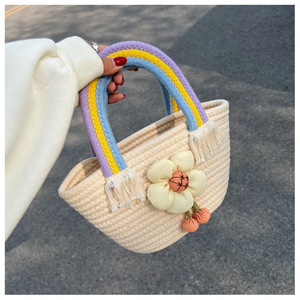 Women's Straw Handbag Off White Rainbow Handle Flower Decor Bucket Shape Everyday Fashion Trend Summer 2022 - Product Image 3