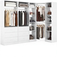 Système de placard d'angle en forme de L, dressing sur mesure, 6 tiroirs, 14 étagères, design réversible autoportant, en bois massif blanc