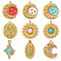 Nouveauté 2026 : Pendentif DIY personnalisé en acier inoxydable plaqué or 18K PVD, motifs fleurs, perles, étoiles, lunes, soleils, pour la création de bijoux et cadeaux
