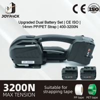 Outil de cerclage électrique portatif CE ISO JY-380D à double batterie 4.0Ah, 400-3200N, pour sangles PP/PET de 14 mm, moteur CC sans balais 300W