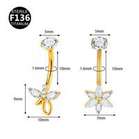 Perhiasan tindik pusar model kupu-kupu swallowtail bunga zirkon 5A titanium ASTM F136 berulir dalam