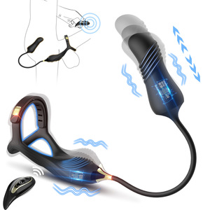 Anello vibrante in silicone per pene con blocco posteriore, telecomando, plug anale e massaggiatore prostatico - Set di due <span class=keywords><strong>anelli</strong></span> - Product Image 4