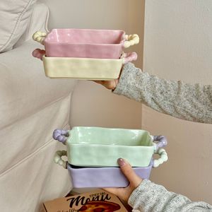 Bandeja para hornear estilo Ins con bloques de color, irregular, profunda, con dos asas, de alta gama, apta para <span class=keywords><strong>microondas</strong></span> y horno, vajilla. - Product Image 2
