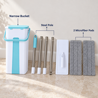 Ensemble serpillière plate mains libres DS-345 avec seau, 2 têtes de serpillière en microfibre, essoreuse à raclette, manche en acier inoxydable de 125 cm, seau compact de 6 L
