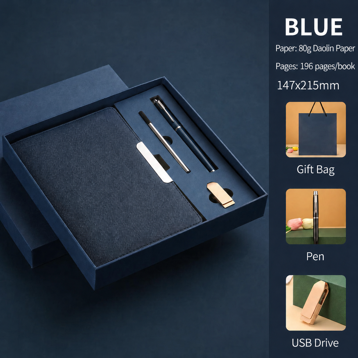 Traje azul con memoria USB.