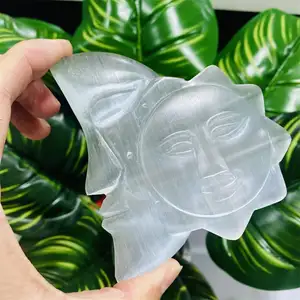 Wholesale Natural Crystal Hand Crafts White Selenite Sun And Moon Face Crystal Carving For Gifts