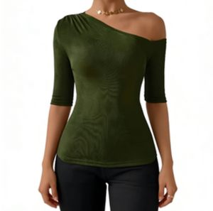 Top a Costine <span class=keywords><strong>Monospalla</strong></span> Verde Oliva da Donna, Vestibilità Slim, Mezza Manica, Asimmetrico, Casual, per Streetwear Quotidiano e Feste - Product Image 1