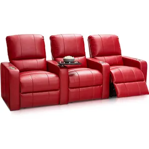 High Quality Canape De Luxe VIP Room Luxury 3 Seater Red Top Grain Leather Recliner Cinema Sofa With Cup Holder und Coffee Table