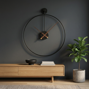Modern Minimalist <b>Large</b> Metal Ring Wall <b>Clock</b> With Wooden Hands And Black Frame For Home Decor Black Circle Wall <b>Clock</b> - Product Image 2