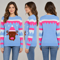 Pull de Noël moche pour femme, col rond, jacquard renne et flocon de neige, en acrylique tricoté, OEM ODM personnalisé, faible MOQ, décontracté et doux
