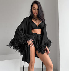 New Mùa Xuân Của Phụ Nữ Đồ Ngủ Sang Trọng Của Phụ Nữ Lông Cắt Áo Choàng Bộ Đồ Ngủ 3-Mảnh Satin Loungewear Phong Cách Đồ Ngủ Thoáng Khí - Product Image 4