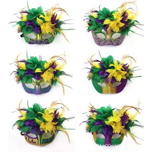 Maschera di Carnevale in Polvere a <span class=keywords><strong>Tre</strong></span> Colori con Piume e Fiori, Mezza Maschera per Occhi, Stile Veneziano Italiano - Product Image 2