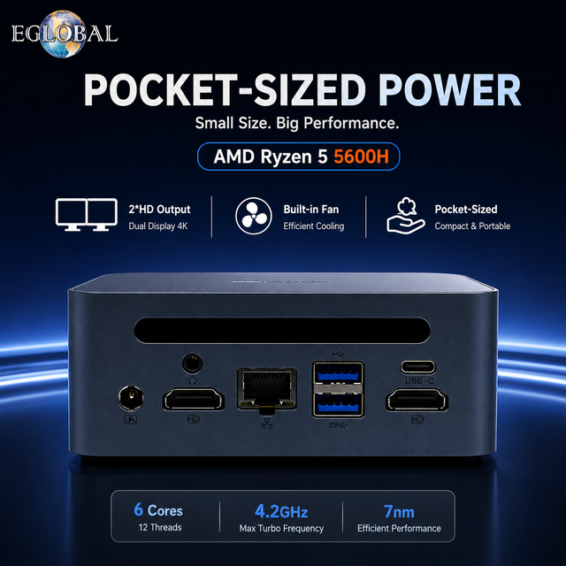 EGLOBAL AMD 5 5600H PC for Gaming Win11 3.3GHz to 4.2 DDR4 512GB SSD WIFI6 Radeon Video Card EU/UK Plug Office Mini Computer