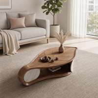 Table basse en bois au design nordique créatif en forme de feuille avec étagère ouverte pour salon moderne et appartement