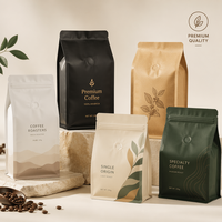 Sachets personnalisés en plastique, aluminium et EVOH PE de 250g, 500g, 1kg pour grains de café avec fermeture à chaud, lien métallique, fermeture éclair et valve