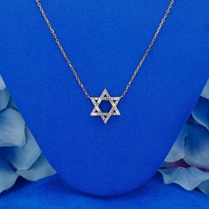 Solid Gold Diamond Star of David Necklace: Baguette & Round, Adjustable Chain - Product Image 6