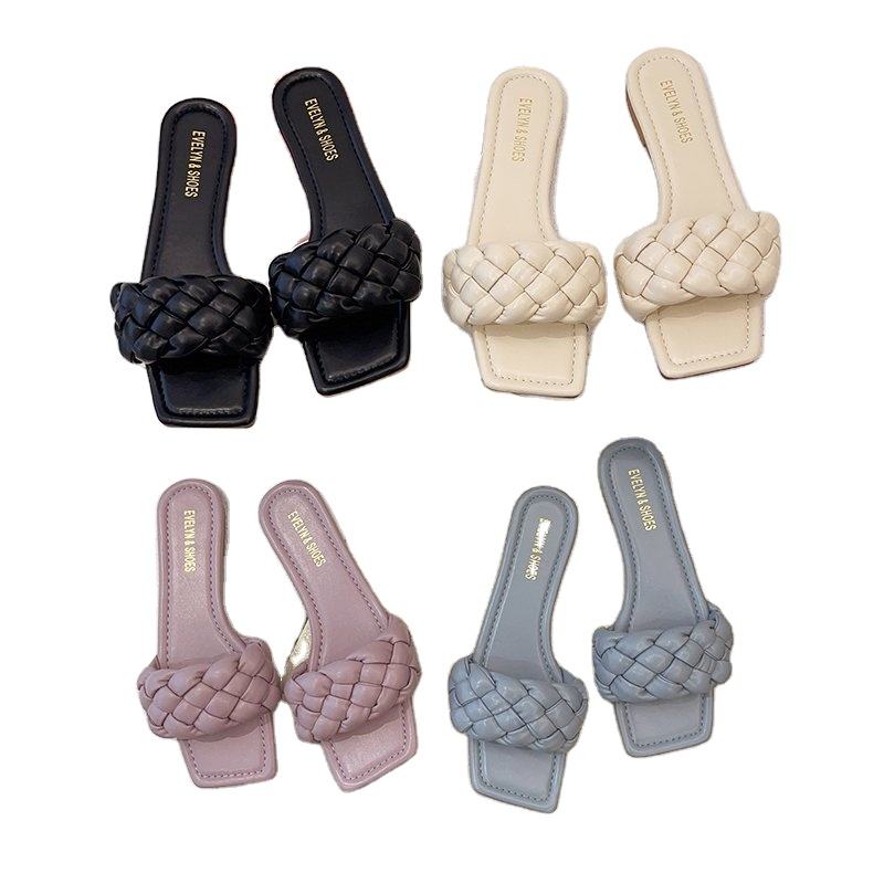 Women Flip Flops Summer Slippers Ladies Sandals Square Toe Slipper Casual Beach Weave Flat Women Shoes Slip On 