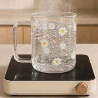 Mug en verre borosilicate de haute qualité imprimé Daisy de 500 ml avec poignée pour café, thé, jus et boissons glacées