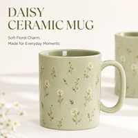 Tasse à boisson en céramique grès de qualité supérieure, motif floral marguerite blanc brillant vert sauge, pour le petit-déjeuner, la cuisine et la salle à manger
