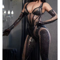 Body à strass Combinaison en spandex Gants Femme Danseuse Performance Leggings Anniversaire Club Outfit