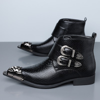 Bottes Chelsea en cuir façon croco pour hommes, à bout pointu métallique, double boucle et fermeture éclair, idéales pour les soirées et les tenues habillées
