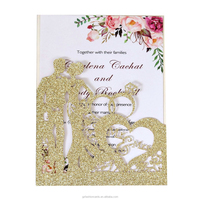 Carte d'invitation en papier pailleté avec portrait au laser or rose, cartes en forme de cœur et cartes de vœux personnalisées avec poche pailletée Mr et Mme