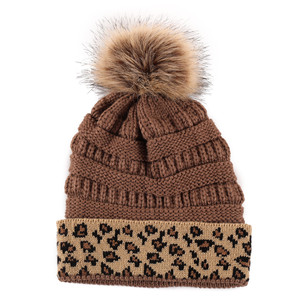 Bsbh của phụ nữ Beanies bán buôn fleeced lót Leopard in Beanie dệt kim Mũ Crochet đan Mũ Beanies với POM mùa đông ấm áp - Product Image 1
