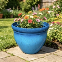 Pot de fleurs rond en plastique de 15 pouces, pour l'extérieur, finition brillante texturée, en PP, pots de fleurs durables, vente en gros