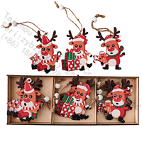 Ensemble de 3 ornements de Noël en bois en forme de rennes, mignons, peints, décorations suspendues pour arbre, boîte cadeau, ficelle de jute, fêtes de fin d'année