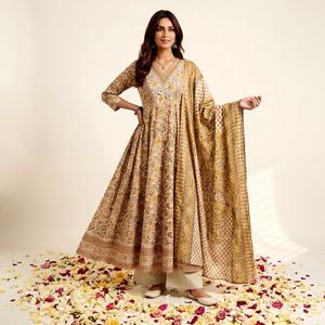 Ensemble Anarkali en coton beige fait main avec dupatta, tenue ethnique traditionnelle pour femme, style printemps-été, imprimé floral - Product Image 1