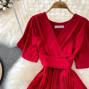 Nuevo Vestido Casual de Mujer, Manga Corta, Cuello en V, Plisado, Drapeado, Chifón, Cintura Alta, Maxi - Product Image 6