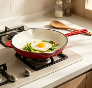 Poêle en fonte émaillée avec poignée d'assistance et doubles becs verseurs, intérieur émaillé blanc, compatible four, induction et gaz - Product Image 1