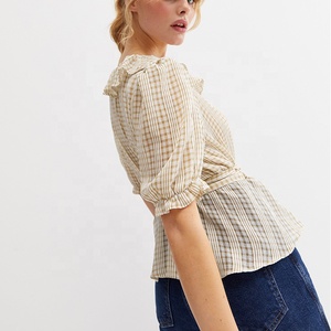 Camicetta da <span class=keywords><strong>donna</strong></span> con scollo a volant in Chiffon a quadri <span class=keywords><strong>marrone</strong></span> in tessuto sottile da <span class=keywords><strong>donna</strong></span> - Product Image 3