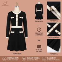 Robe mini trapèze noire tricotée vintage pour femme, collection été 2026, avec bordure contrastante et ourlet plissé, idéale pour le bureau – Personnalisation OEM/ODM