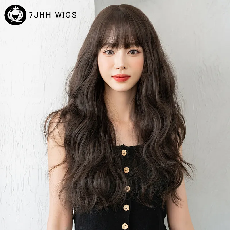 Women's Long Wave Synthetic Wig Girls Amber Coffee Brown Cosplay Daily Party Wig with Bangs High Temperature Fiber
