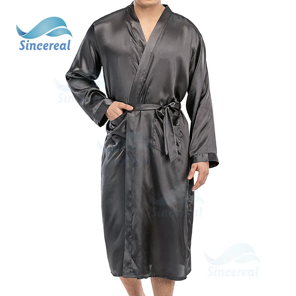 Tùy Chỉnh Mới Nhất Luxury Men Ngủ Khách Sạn Áo Choàng Tắm Dài Robe 100% Polyester Satin Mịn Da Dài Robe