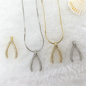 Collar con Colgante en Forma de <span class=keywords><strong>Y</strong></span> de Plata <span class=keywords><strong>y</strong></span> Oro con Circonitas Pavé CZ Únicas, Joyería de Hueso de la Suerte para Mujer, Precio al por Mayor - Product Image 1