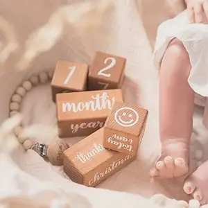 Babydouche Cadeau Massief Hout Grenen Mijlpaalblokken 6-delige Nummers Engelse Vierkanten Leeftijd Fotoblokken