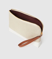 Pochette de maquillage spacieuse en tissu imperméable personnalisé en lin avec sangle en PU, pochette de beauté pour le rangement, les voyages et l'usage quotidien