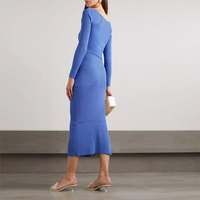 Robe pull en maille élégante et décontractée pour femme, coupe trapèze, col en V, anti-rides, bleu côtelé, grande taille, collection Hiver 2025