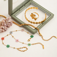 Bracelet de main et de doigt en acier inoxydable plaqué or 18 carats PVD, avec fleur en cristal colorée, style bohème délicat pour femme