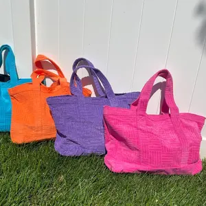 Hot Pink Terry Bag Pure Cotton Towel Handbag Pool Beach Bag Large Tote For Summer