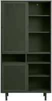 Meuble TV contemporain en fer avec portes coulissantes, étagères réglables, vert olive, design moderne pour salon, usage domestique 5+